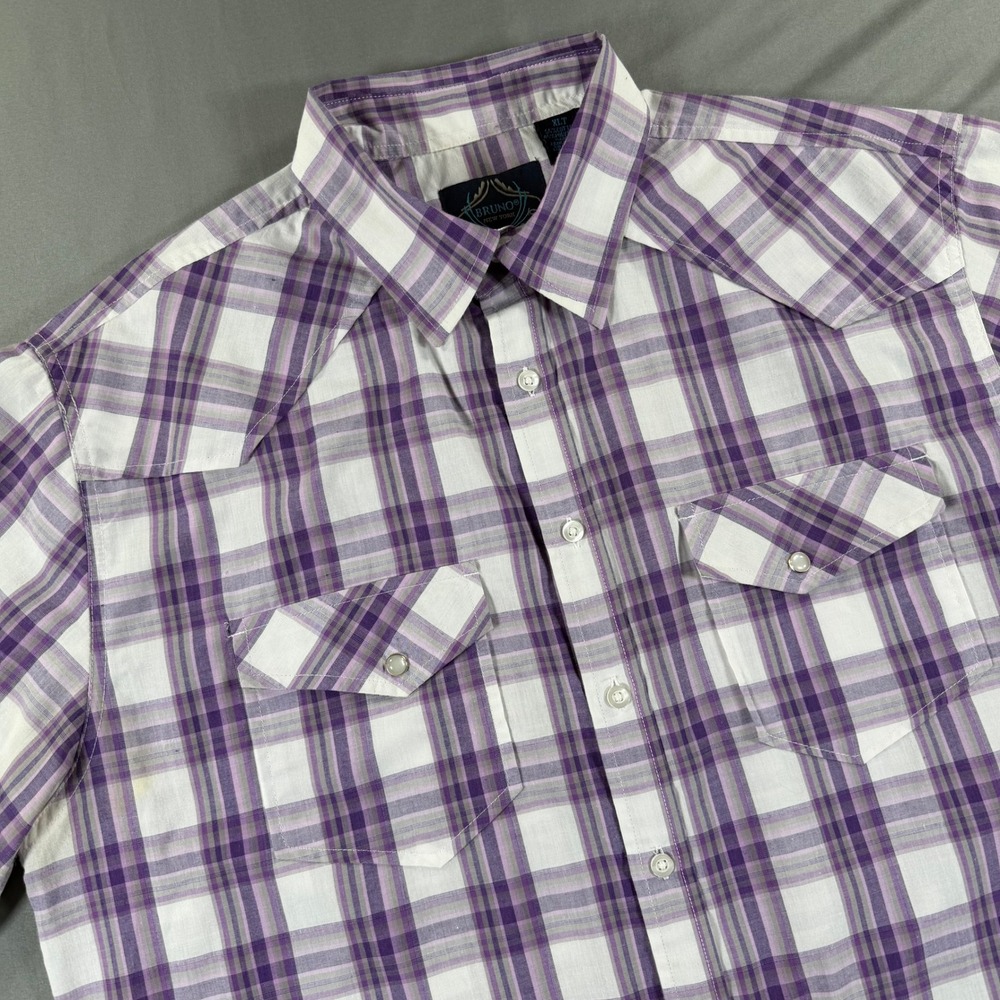 Bruno New York Mens XLT Western Pearl‎ Snap Shirt Purple Plaid Short Sleeve